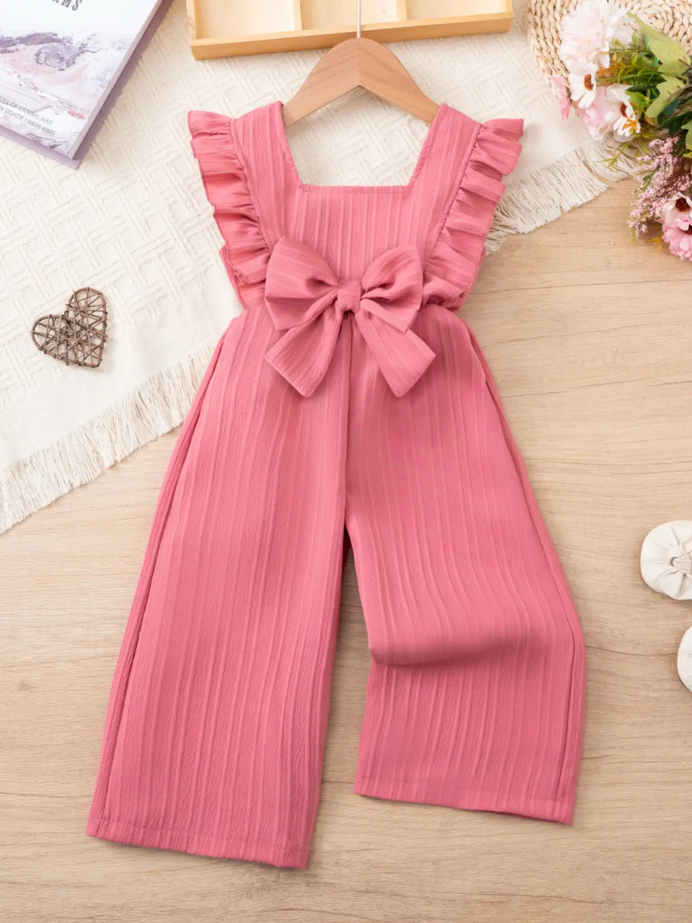 1pcs Girls' Summer Days Sweet Cute Sleeveless One-Piece Jumpsuit, Plain Casual Comfortable Bow Design, Fitted Style Clothing Romper