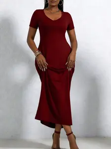A set of women's casual wine red dress, short sleeved V-neck slim fit and slimming long dress, versatile and stylish commuting long dress, suitable for all seasons, suitable for home, indoor, and outdoor wear Womenswear Fitted