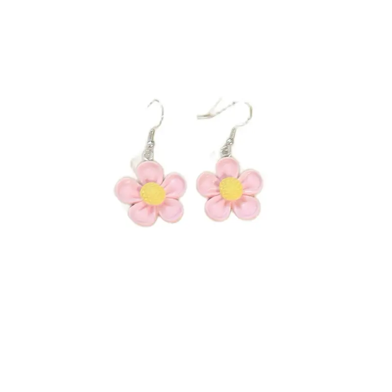 Pink Flower Earrings - Simple Design with Yellow Center, Light Pink Color, Adjustable Earwire