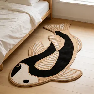 Unique Koi Fish Shape Carpet Mat, Washable Plush Rug for Living Room Bedroom, Retro Style Home Decor, Easy Care Floor Covering
