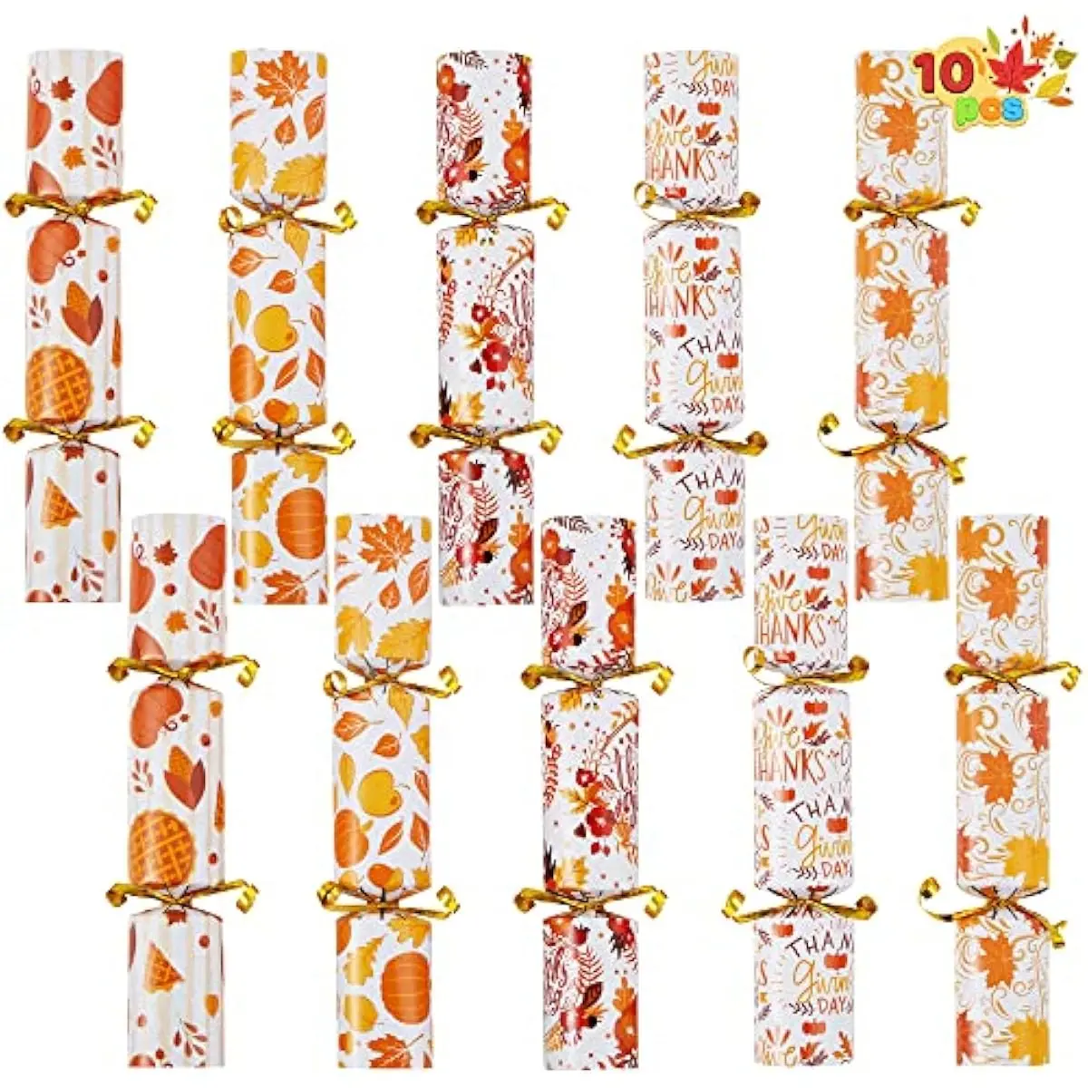 10 Pack Thanksgiving Party Favor Set, No Snap No Popping with Party Hats Joke & Gift, Designed with Pumpkin and Maple for Fall Holiday Thanksgiving Party and Carnival Game Prizes