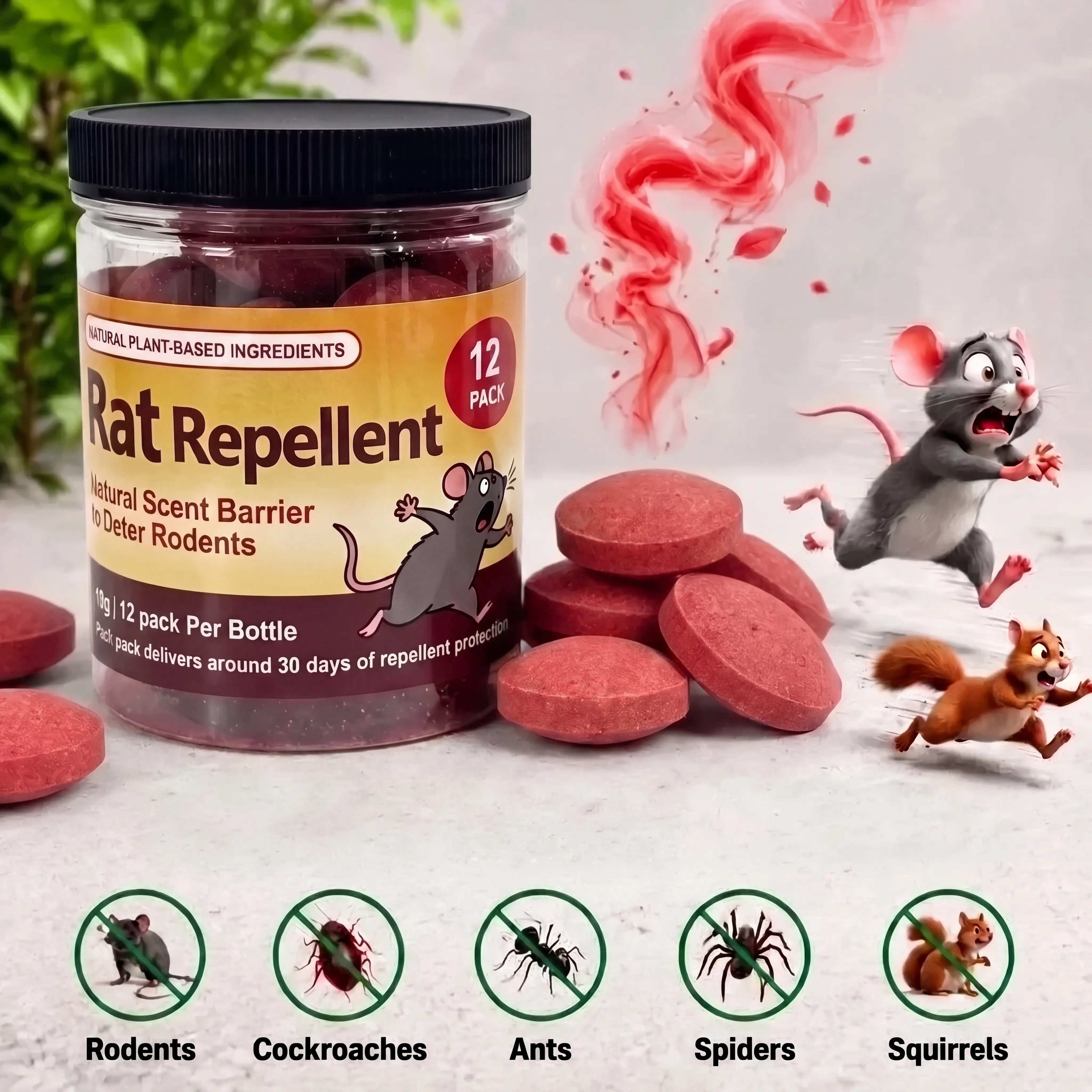 12-Pack Natural Rat Repellent Tablets, Plant-Based Scent Barrier for Indoor & Outdoor Use, Deters Rodents, Roaches, Ants, Spiders, Squirrels, 30-Day Protection (Home Mold & Damp Proofing Care Supply)