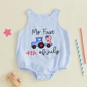 Baby Boys 4th of July Romper Letter Star Flag Truck Embroidery Stripe Crew Neck Sleeveless Infant Bodysuits Jumpsuits