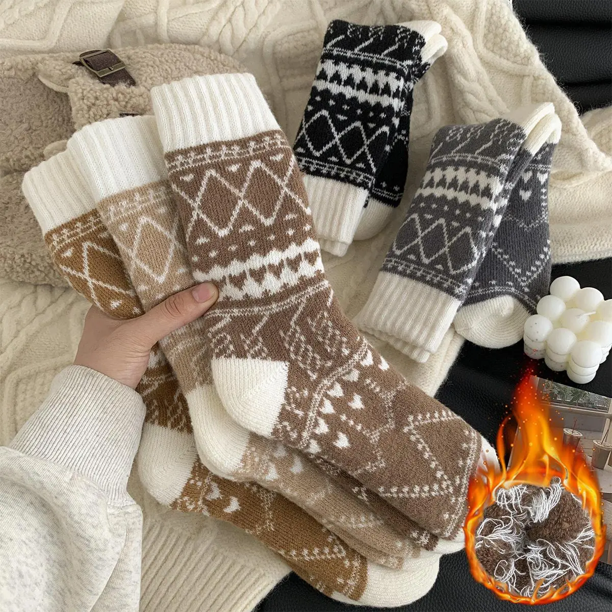 FEITAI 5 Pairs Women's Warm Winter Socks-Ethnic Style Diamond Patterns Mid-Calf Cold-Proof Socks, Multi-Color Optional, Soft and Comfortable Fabric, Thick Warm Outdoor Socks, Cold Days Essential