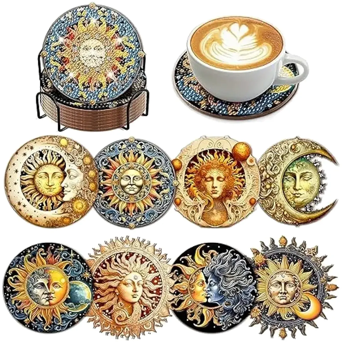 Moon Pattern Diamond Embroidery Coaster Set, Diamond Art Coasters, Diamond Painting Coasters, Sparkling Rhinestone Heat Resistant Drink Mats with Stand, DIY Craft Supplies Gift