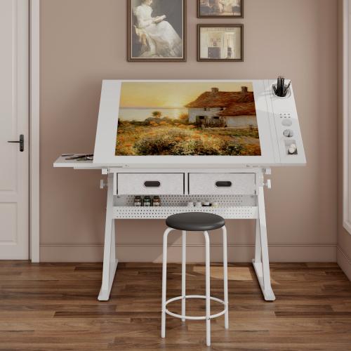 Bellemave  Adjustable drawing drafting table desk with 2 drawers for home office and school with stool