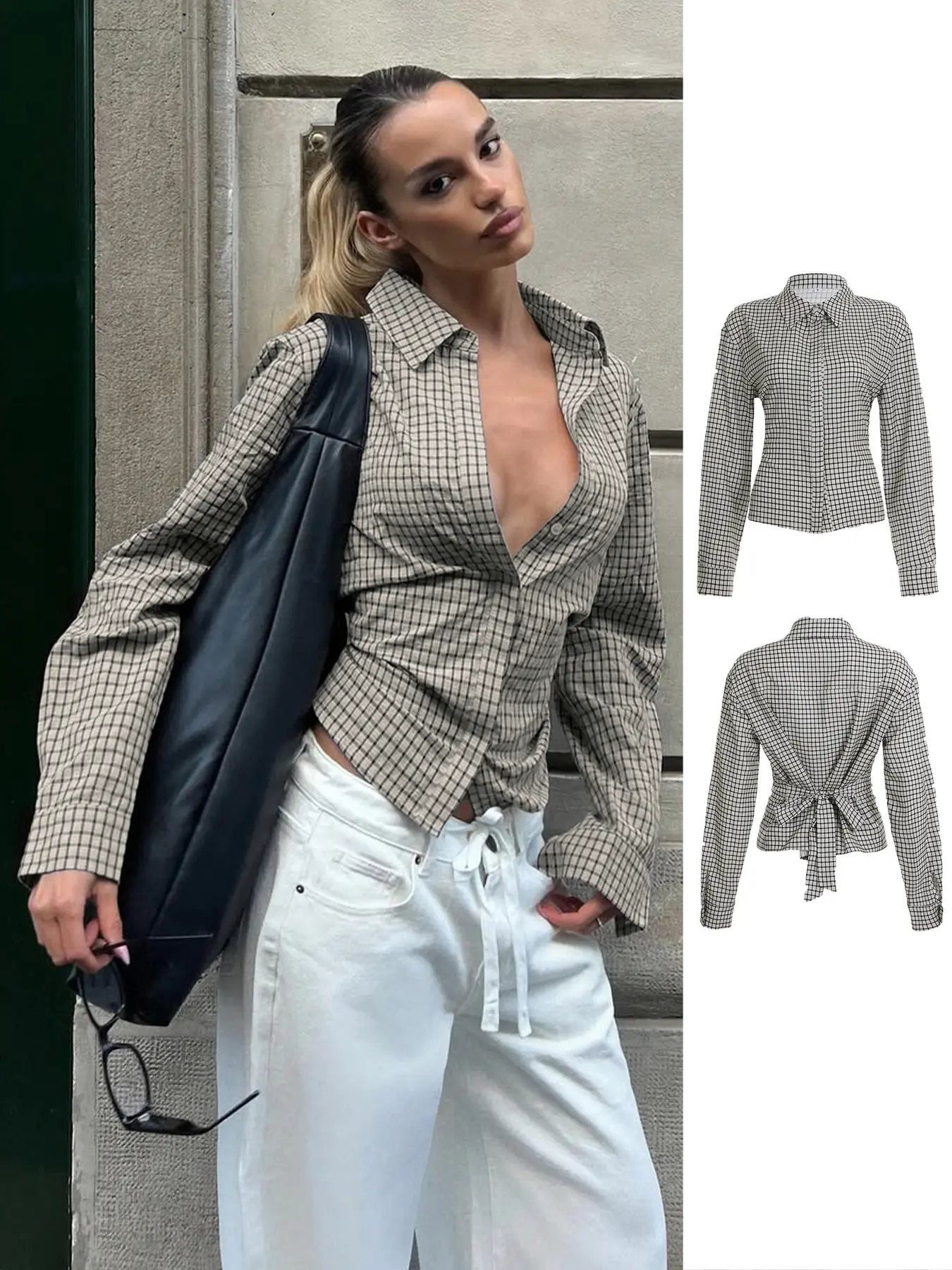 Women's Long Sleeve Plaid Shirt, Street Tie Waist Design, Office Lady Single Button Front Blouse, Casual Fitted, Casual Collared, Casual Buttons Collared, Casual & Professional Wear, Button Up Blouse