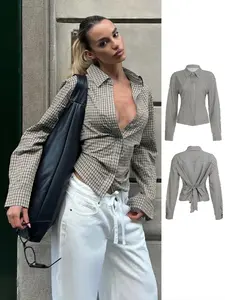 Women's Long Sleeve Plaid Shirt, Street Fashion Tie Waist Design, Office Lady Single Button Front Blouse, Casual & Professional Wear, Casual Business Top, Button Up Blouse