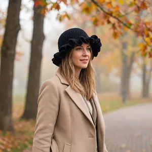 Ladies' Solid Color Hollowed-out Hand-crocheted Bucket Hats, Ruffled Fisherman Hats, Casual Style Knitted Hats, Suitable for Autumn and Winter