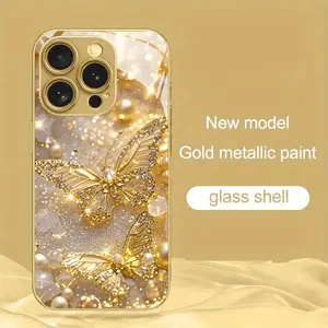 Golden Butterfly Design New Gold Glass Phone Case for iPhone 17 16 15 14 13 12 11 X XS XR Pro Max Plus Air Series, Ideal Birthday or New Year's Gift for Friends, Family and Loved Ones