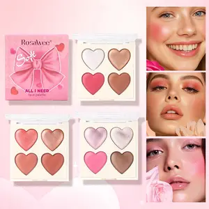 4-shade heart-shaped blush palette, 4-shade multi-purpose blush palette, blush and highlighter combo palette, girly makeup palette, fine shimmer highlighter, fine shimmer pearlescent blush, matte blush, dewy blush