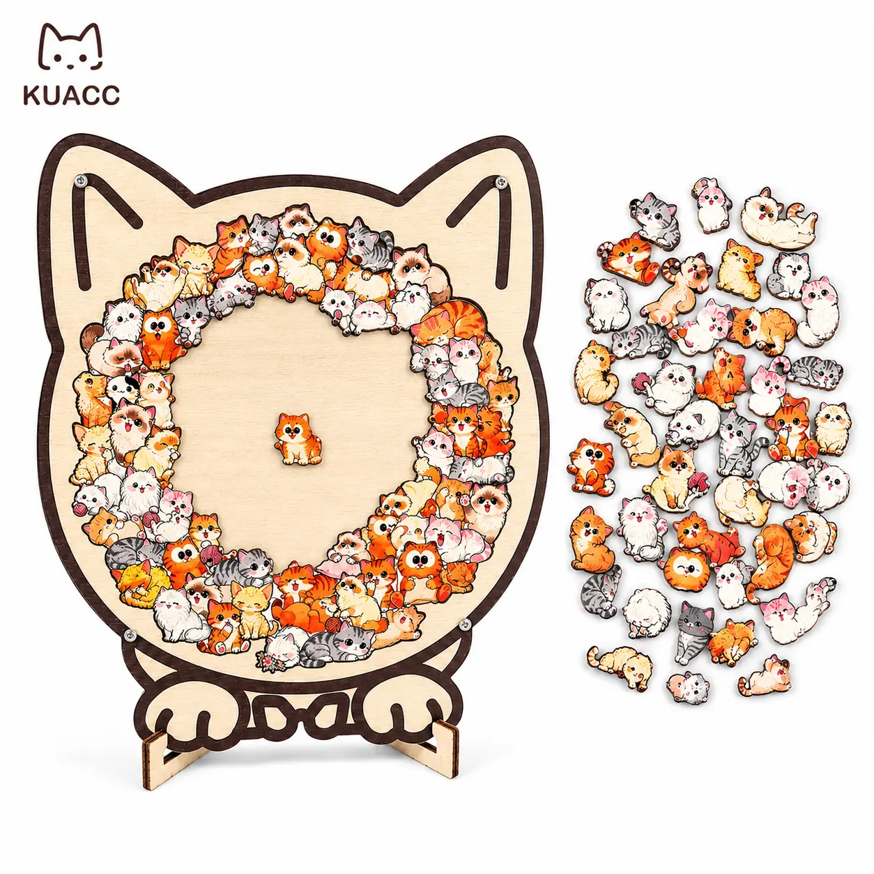 KUACC Cat-Shaped Wooden Jigsaw Puzzle – Colorful Animal Wood Puzzle with Display Stand & Dust Cover, Decorative Home Display Puzzle, Unique Creative Gift for Cat Lovers and kids