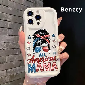Stylish Wavy Border Phone Case for iPhone 17 Pro Max 16 Plus 15 14 13 12 11 Air E Patriotic Mama Style Pattern Cream White Four Corner Airbags Drop Resistant TPU Cover Shell