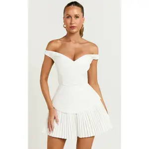 Izara Mini Dress - Off Shoulder Pleated Dress in Off White