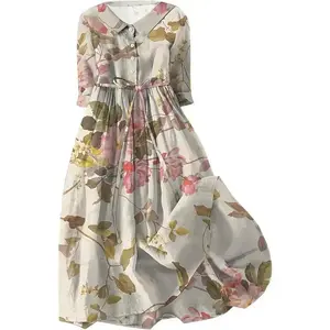 Cotton Linen Dresses for Women 2024 Maxi Button Down Plus Size A Line Dress Trendy 3/4 Sleeve Floral Dress Summer Dresses
