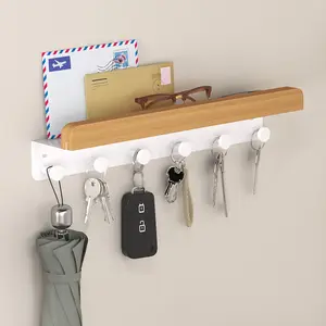 Wall-Mounted Key Holder Rack with Wooden Hooks, 6 Hooks, Modern Design, Easy Installation, Suitable for Hallway, Office, Entryway, Wall Mounted Shelf