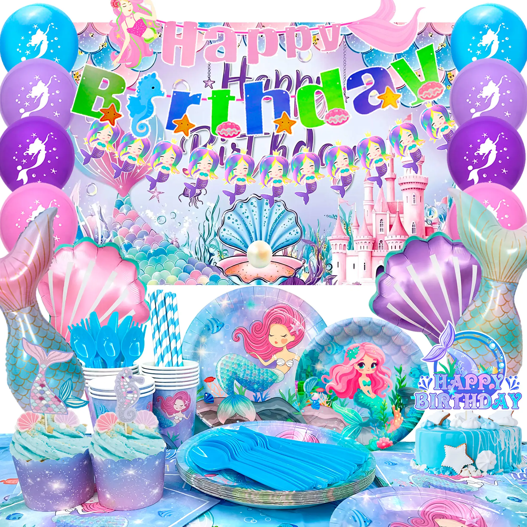 Mermaid Birthday Party Supplies, 138pcs Mermaid Birthday Decorations & Tableware Set - Mermaid Balloons Banners Plates Cups Napkins Tablecloth etc Mermaid Party Decorations for Girls Kids (Serves 10)