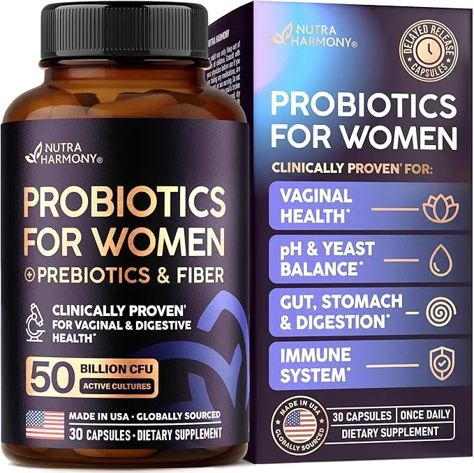Probiotics for Women 50 Billion CFU - Vaginal Probiotics Clinically Proven for Yeast & pH Balance - Digestion & Bloating Relief - 8 Strains + Prebiotics - Delay Release - Lab Tested, 30 Capsules