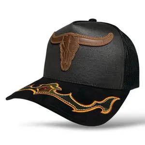 Cowboy Bull Longhorn Rodeo Western Trucker Hat with Suede Brim