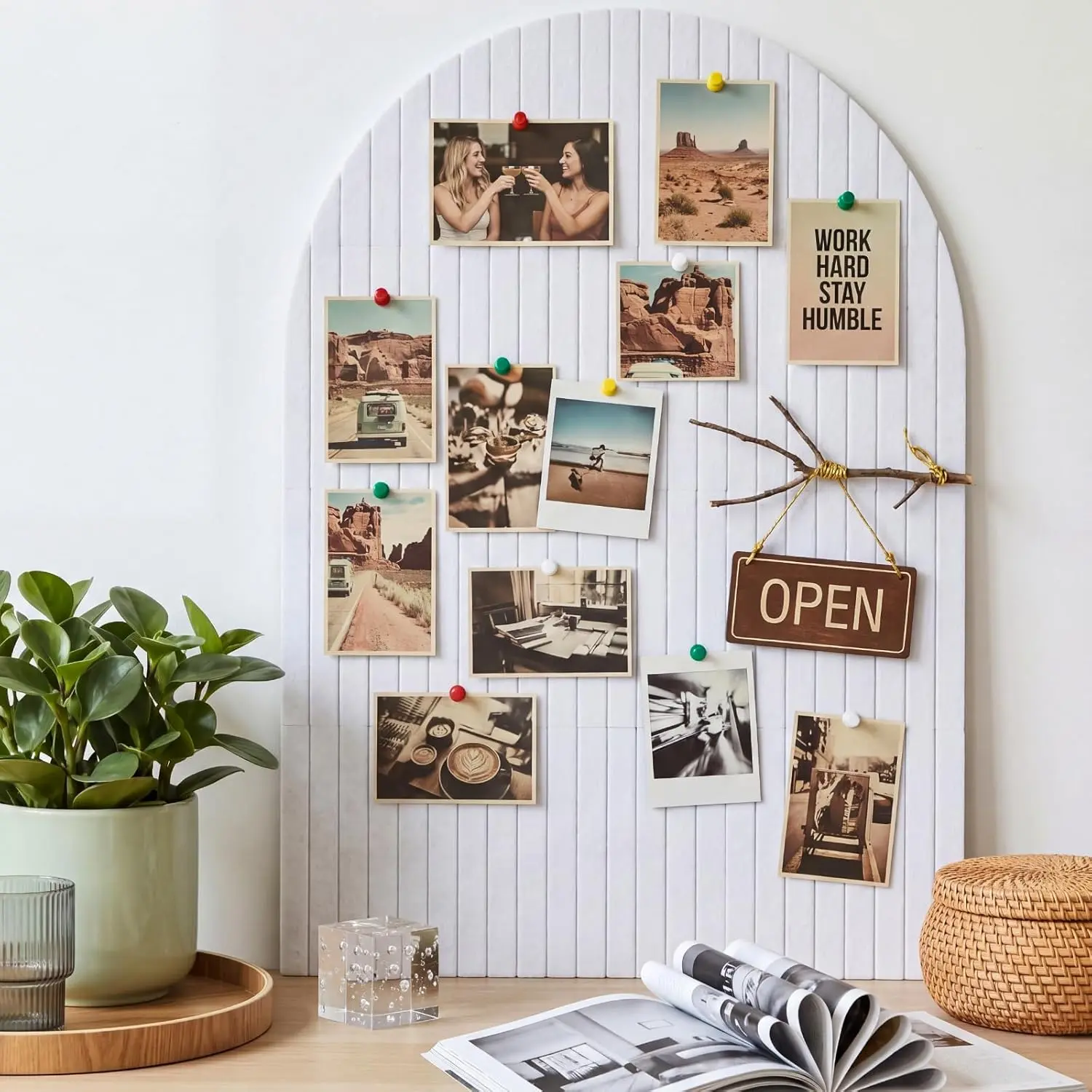 Fanfanwin Large Arched Felt Bulletin Board 47" x 35", Cork Board Alternative for Wall Decor, 12 Customizable Adhesive Tiles with 50 Push Pins for Home Office Display Your Photos (White)