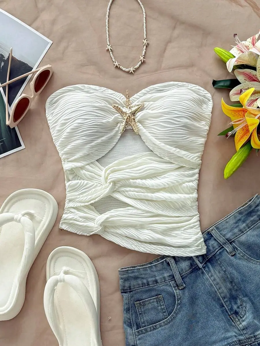 Women's White And Gold Starfish Cutout Strapless Top,Textured Fabric Asymmetric Hem Fitted Blouse For Summer,Casual,Holiday,Vacation,Holiday,Beach