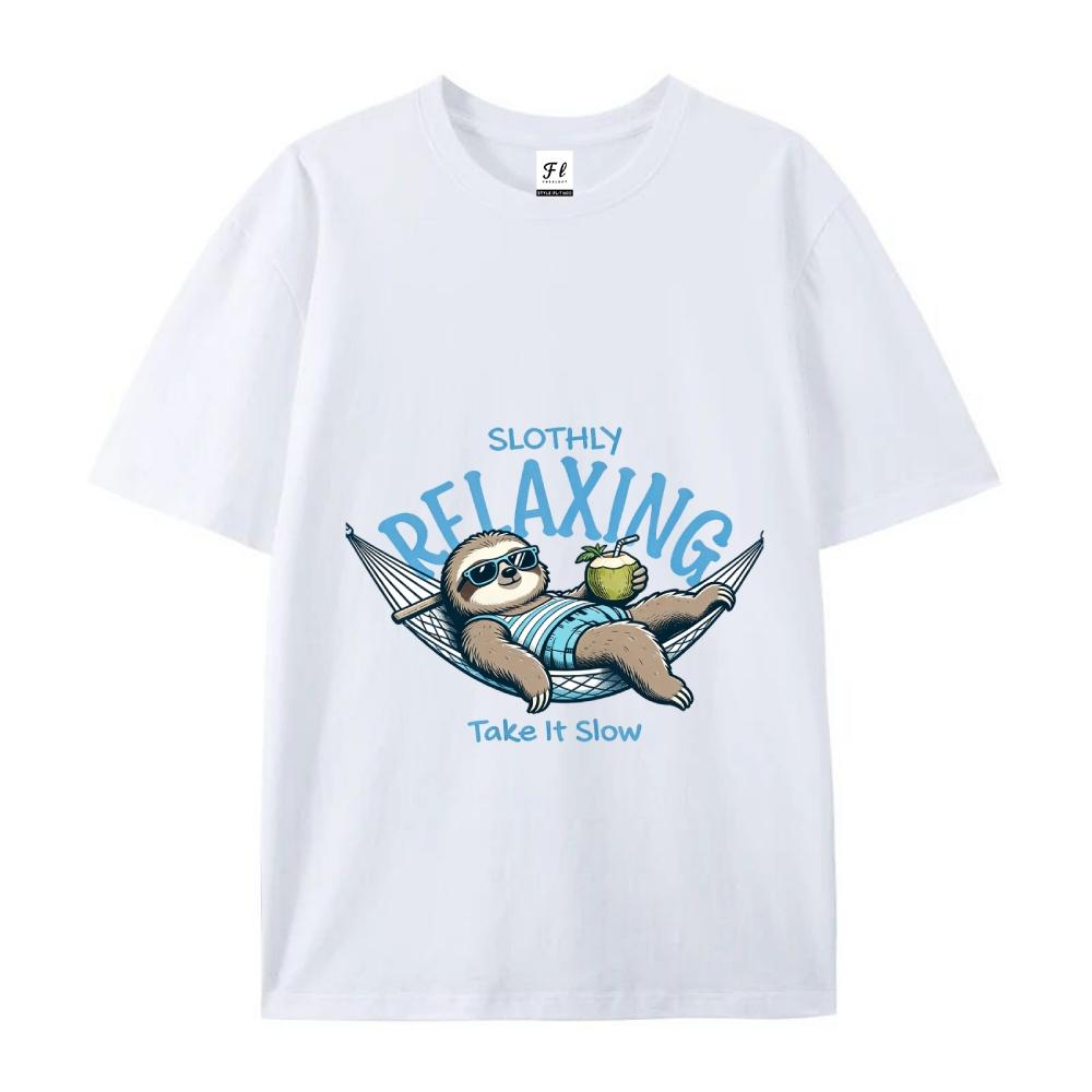 Slothly Relaxing Funny Sloth Graphic Tee Summer Vacation Casual Top For Men & Women Cartoon Drop Shoulder Short Sleeve Crew Neck Tshirt - Menswear