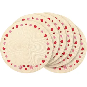 Set of 6 Embroidered Round Valentine's Day Placemats Heart Valentines Table Mats Round Braided Placemats Love Heart Place Mats for Valentine's Day Kitchen Dining Table Decoration