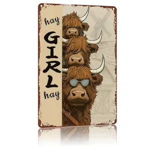 Highland Cow Farm ,Rural Style Vintage Wall Decor Metal sign "Hay Girl Hay" ,8X12Inch High-Definition Print Tin Poster, Weatherproof & Rust-Resistant for Home, Garage,Patio, Porch & Private Space, Durable Wall Art,Aluminum Plaque Gift