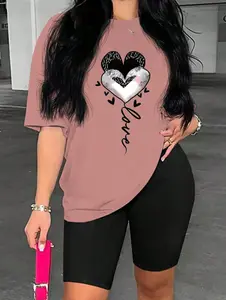 Women's Vintage Graphic Round Neck Tee Casual Short Sleeve T-shirt for Summer Women's Top for Daily Wear Unisex Cotton T Shirts with Heart Design