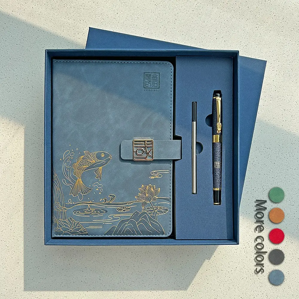 Chinsikol Chinese Element Notebook Gift Set, Stationery Gift, Embossed Pattern, Lotus and Koi Design, Smooth Writing, Includes Metal Pen