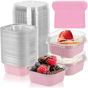 60 Pack 10oz Mini Cake Pans with , 4.4x4.4 Inch  Foil Square Baking Cups with Spoons, Disposable Large Baking Cake Cup Containers with  for Party, Wedding, Birthdays,