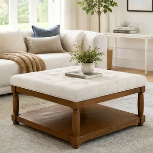 ARCH Large Square Upholstered Tufted Linen Ottoman Coffee Table with Solid Wood Shelf, Footrest Ottoman for Living Room, 33.5"W x 33.5"D x 18"H, Ivory, 300 lbs Capacity, Easy Assembly, Ivory Color Options, Linen Material, Product Weight: 45.10 lb
