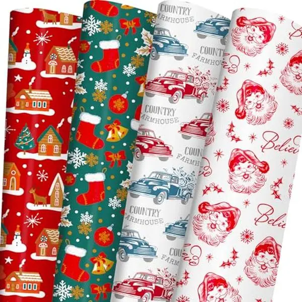 Christmas Wrapping Paper Bundle for Kids - Santa Wrapping Paper with Vintage Truck, Red/Green Holiday Decor, Winter Xmas Country Designs - 6 Jumbo Sheets, Each 28 x 40 Inches, Easy Storage