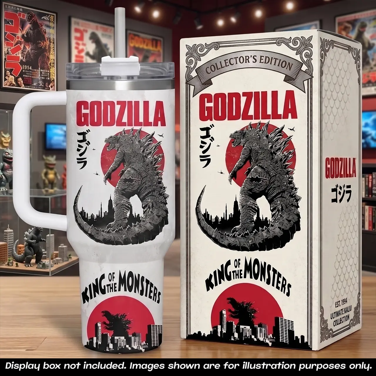 Godzilla 40oz Tumbler with Handle Straw, King of the Monsters Collector Edition Travel Mug, Gojira Japanese Kaiju Stainless Steel Insulated Water Coffee Cup, Red Sun City Skyline Movie Fan Drinkware, Retro Monster Movie Fan Gifts