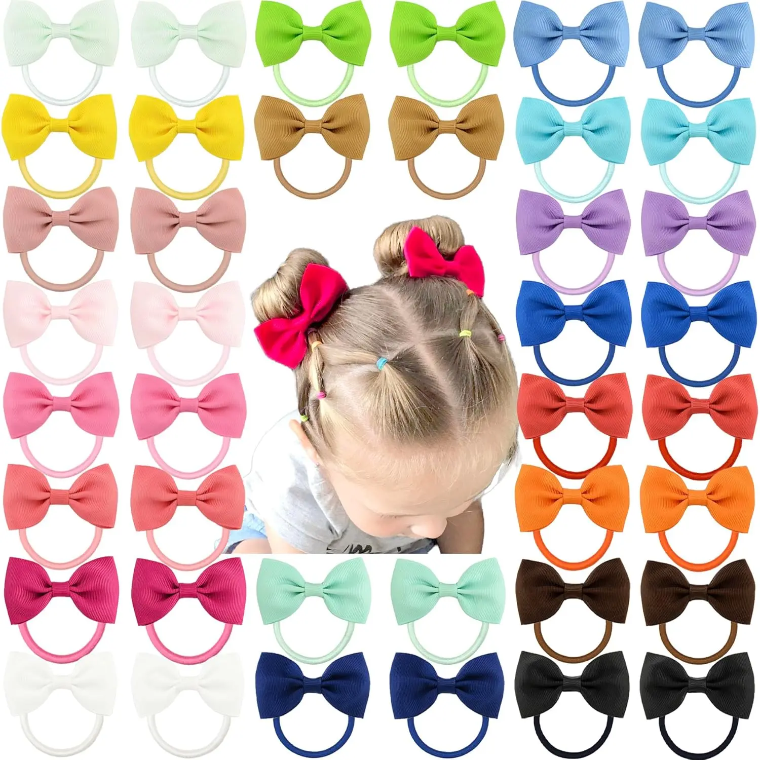 Girls Hair Bows (40 Count), 2.75 In Solid Synthetic Ribbon with Double Secure Sturdy Elastic Ties, 20 Colors Colorful Hair Accessories for School Uniform, Daily Wearing, Photography & Decor, 2.75 Inch