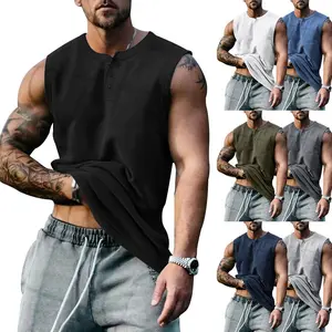 Summer Men's Sleeveless Wide Shoulder Vest,  Crew Neck, Slim Shoulder, Solid Color T-Shirt, Men's Back