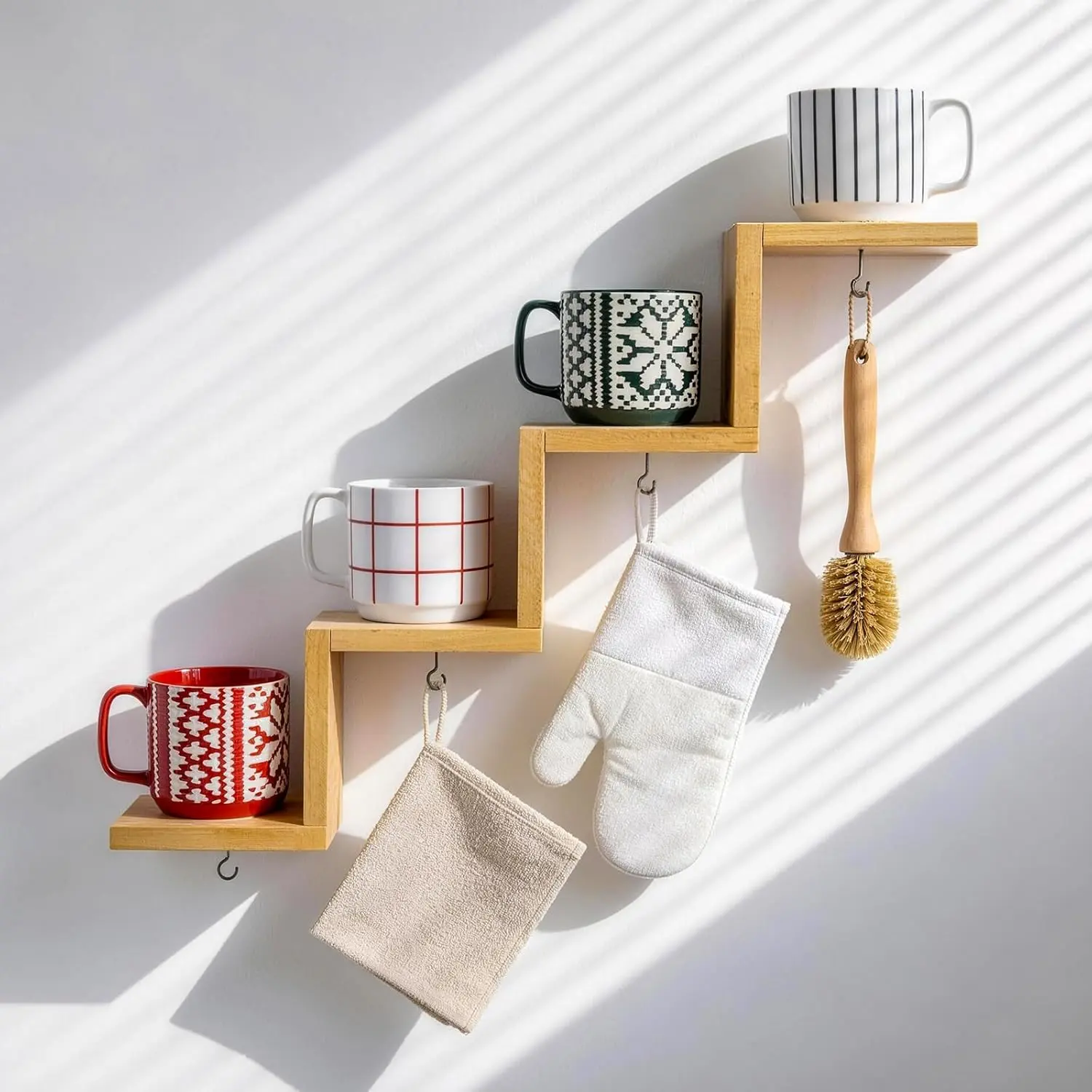 Yohsnor Wall-Mount Cup Holder - Minimalist Compact Multi-Layer Rack with Hooks & Rails, Space-Saving Home Organiser for Kitchen, Bedroom Decor