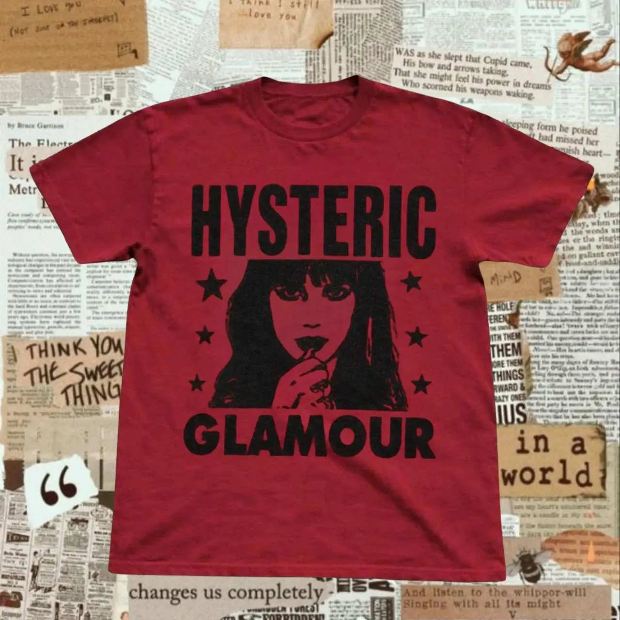 Hysteric Glamour red t-shirt with black graphic of a woman's face with T-shirt
