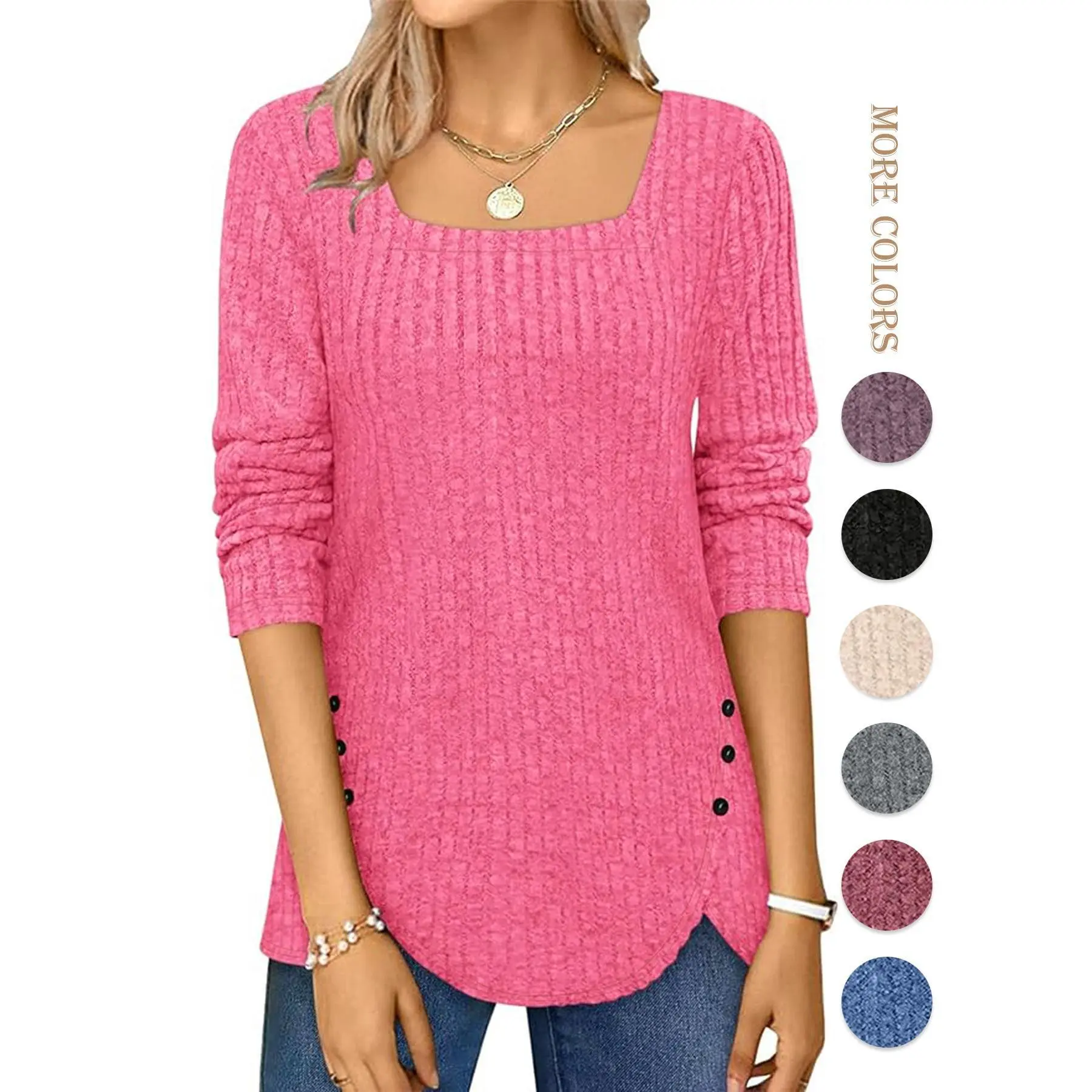 Renaishow Women's Plain Square Neck Sweater, Fitted Long Sleeve Knit Tunic Pullover with Button Slit Hem, Knitwear, Lightweight, Dry Clean