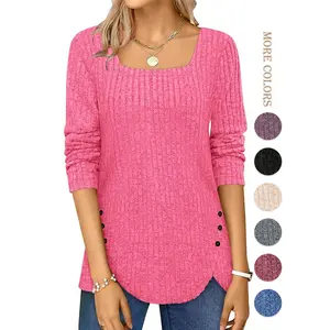 Renaishow Women's Sweaters Fall 2025 Lightweight Long Sleeve Button Slit Square Neck Tunic Tops in Polyester for Casual Outings