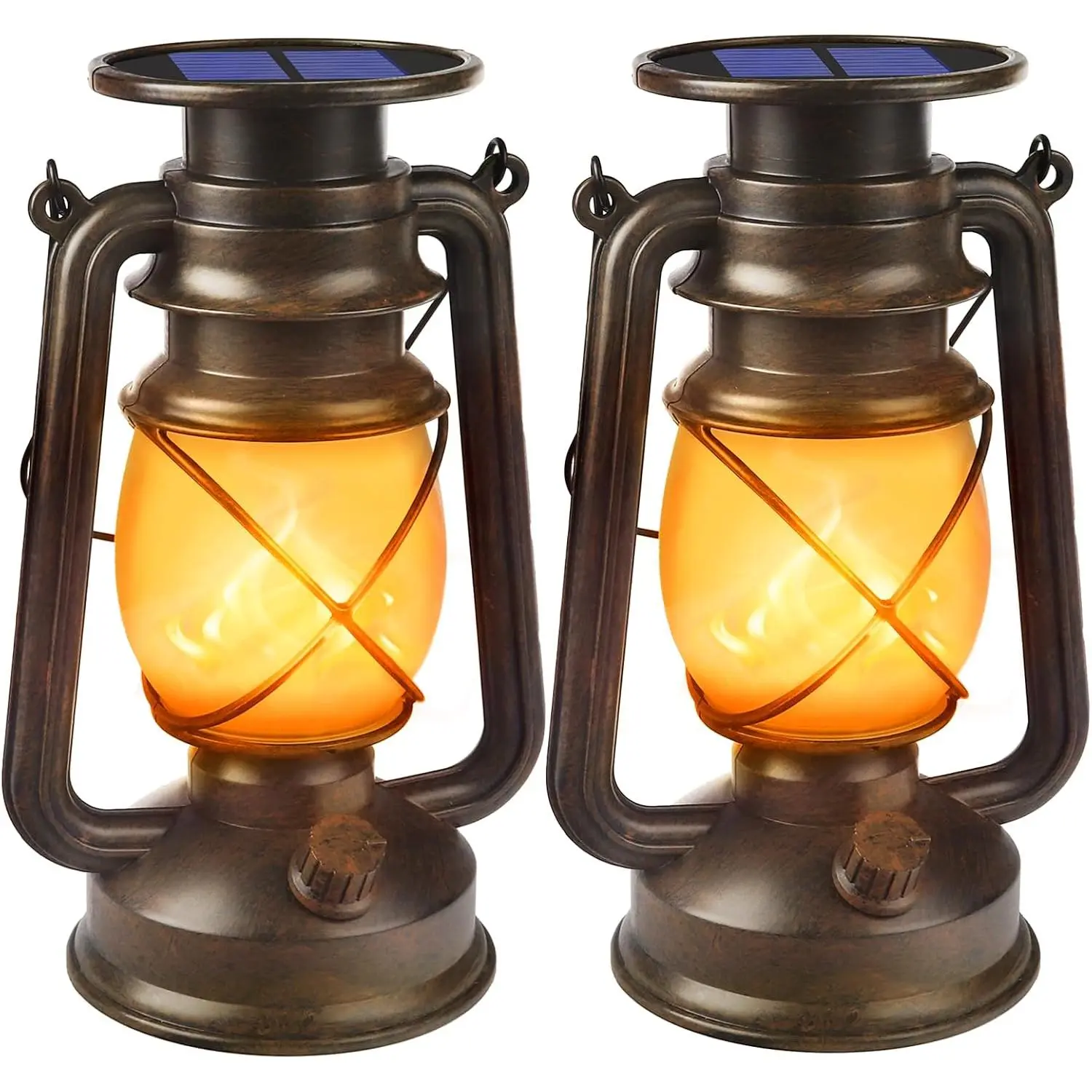 2-Pack Vintage Style Bronze 5.5V Solar Powered Lanterns - Outdoor Waterproof Plastic LED Flickering Flame Hanging Lights, Auto Charge, for Halloween, Christmas, Everyday Camping Patio Decor