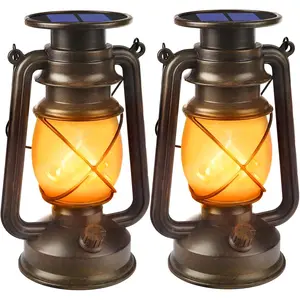Solar Lanterns Outdoor Waterproof, 2 Pack Flickering Flame LED Hanging Lantern, Bronze Vintage Solar Powered Decorative Lights for Patio Porch Garden Yard Pathway Camping