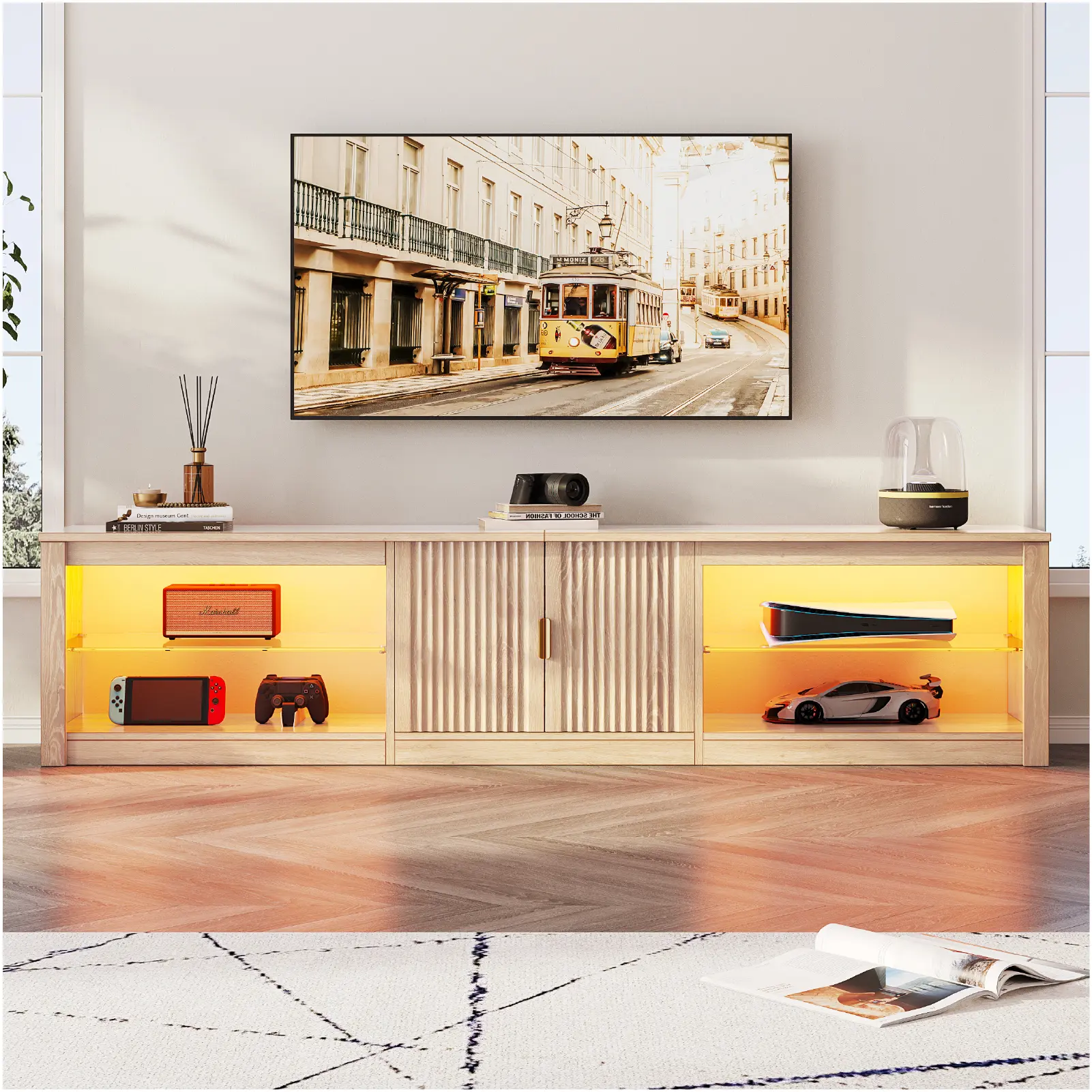 RGB LED TV Stand for TVs up to 85", Modern Entertainment Center with Adjustable Glass Shelves & Storage Cabinets RGB LED TV Stand for TVs up to 85", Modern Entertainment Center with Adjustable Glass Shelves & Storage Cabinets