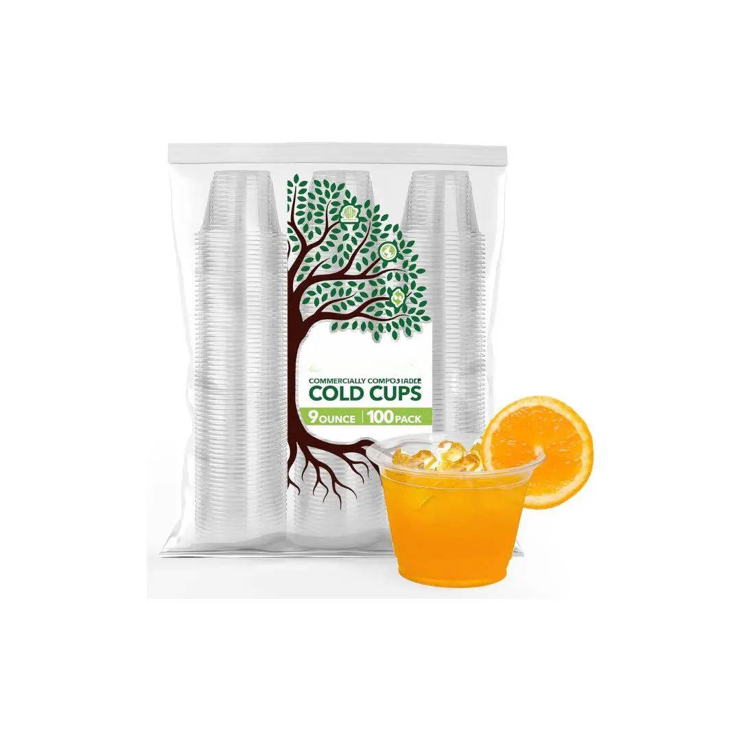 9 oz Clear Commercially Compostable Cold Cups (100 Pack) Plant Based Eco Party Cup, Environmentally Friendly Recyclable Disposable Sustainable for Water, Wine & Beer Sample