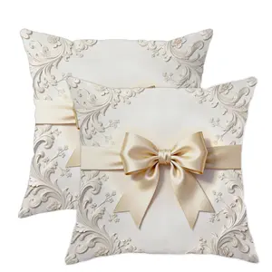 Elegant Vintage Floral Throw Pillows, 2pcs 2D Flat Bow Design, Soft Velvet Material, Perfect for Weddings & Home Décor