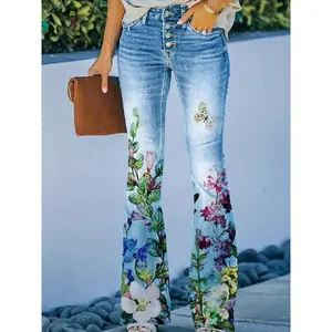 [Elegant Style] Women's Floral Print Flared Jeans | Casual Bell Bottom Denim Pants | Polyester Stretch Fabric | Machine Washable & Dry Clean Safe | Trendy Streetwear for Spring/Autumn | Vibrant Multi-Color Design, Casual Streetwear | Trendy Casual Pants |