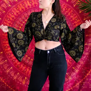 Cotton Wrap Top, Celestial Print Boho Tie Top, Hippie Style, Whimsical Blouse, Fairy Core Vibes, Bell Sleeve Wrap Top, Plus Size Inclusive, Summer Crop Top, Bohemian Style, Summer Fashion, Gothic Style Top, Flare Sleeve Top
