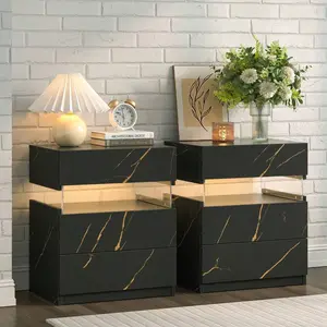 Bedside Table Set Of 2, LED Bedside Table With 3 Drawers, Modern Side Table For Bedroom, Living Room
