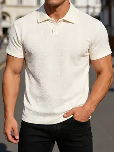Men's Knit Stretch Geometric Jacquard Polo Shirt, Short Sleeve Ribbed Collar, Casual Summer Tee, Textured Pattern, Fashionable & Comfortable