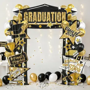 Lofaris 2026 Graduation Door Decorations Banner Set - 3Pcs Class of 2026 Congrats Grad Banner, Black and Gold Party Supplies, Large Porch Sign Backdrop for Indoor Outdoor Party Decor